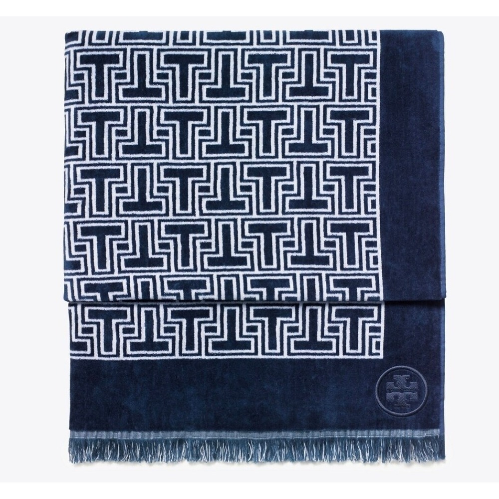 Tory Burch T-TILE BEACH TOWEL Navy White T-Monogram 100% Cotton Oversized 70x40"
